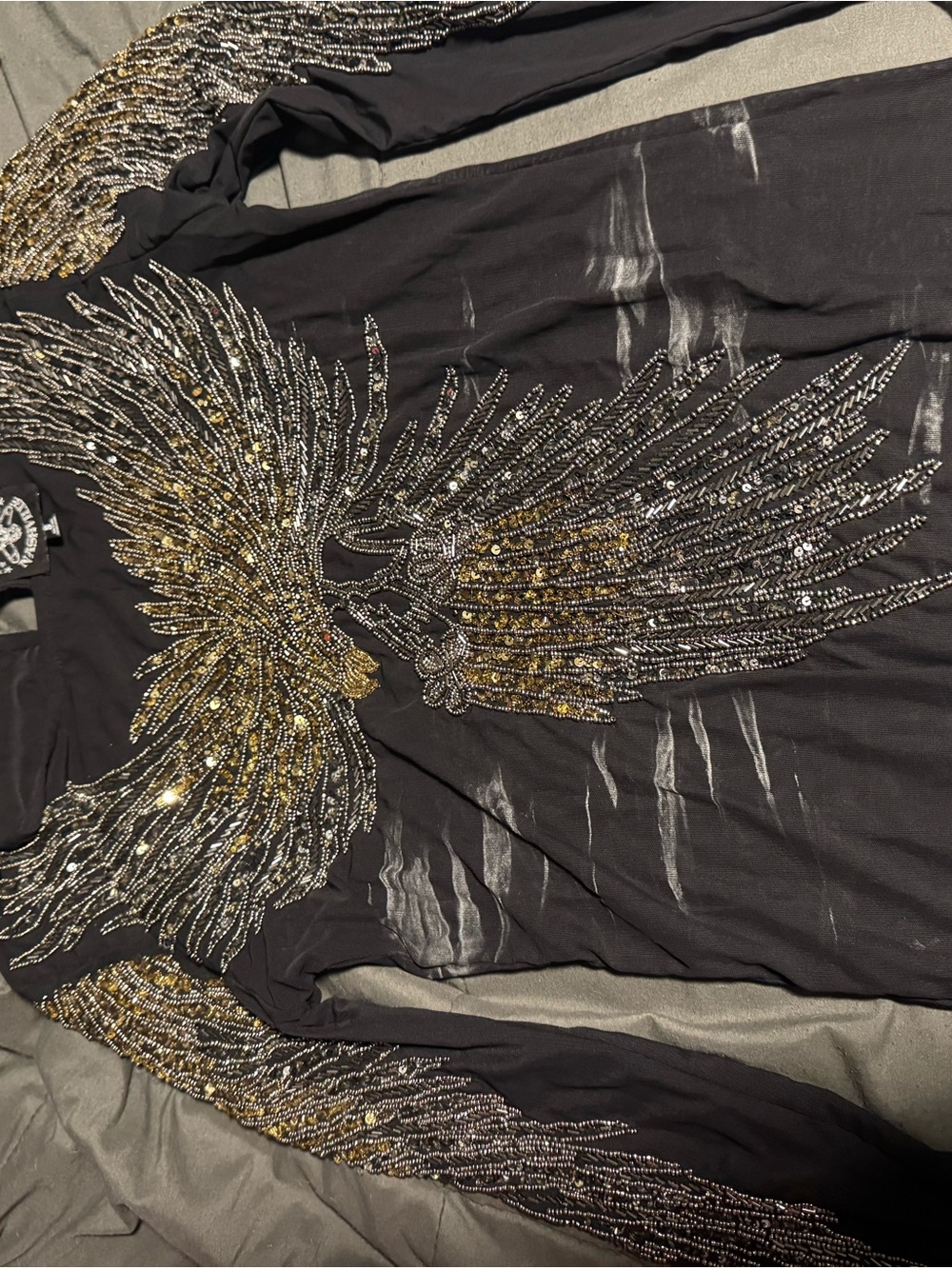 Embellished Black Long-Sleeve Dress with Gold & Silver Beaded Wings